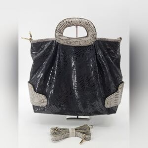 FAR Nine BLACK PYTHON Shimmer Sack Bag GRAY Snake Accents Purse Crossbody